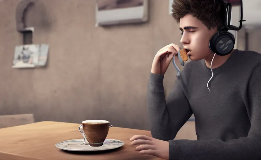 Image similar to a male teenager with headphones in a cafe sitting in front of a table with a coffee, digital painting, masterpiece, digital art, concept art, octane render, unreal engine 5, trending on deviantart, highly detailed, high quality, 4 k, cartoon, high coherence, realistic, anatomically correct, five fingers, relaxing, realistic and detailed face, beautiful, elegant