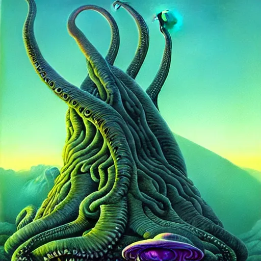 Image similar to highly detailed fantasy art of an alien cephalopod creature in a surreal landscape filled with mountains and mist, diffuse lighting by roger dean, kilian eng, mœbius