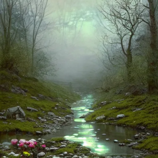 Prompt: spring in greenland, ornate, beautiful, atmosphere, vibe, mist, smoke, fire, chimney, rain, wet, pristine, puddles, melting, dripping, snow, creek, lush, ice, bridge, green, stained glass, forest, roses, flowers, by stanley artgerm lau, greg rutkowski, thomas kindkade, alphonse mucha