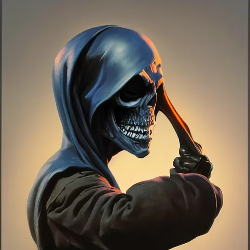 Image similar to a grim reaper with a crt monitor for a face. the monitor has a blue screen with white letters on it. by frank frazetta, simon bisley, brom, concept art, octane render, unreal engine 5, highly detailed, high quality, 8 k, soft lighting, realistic face, path traced