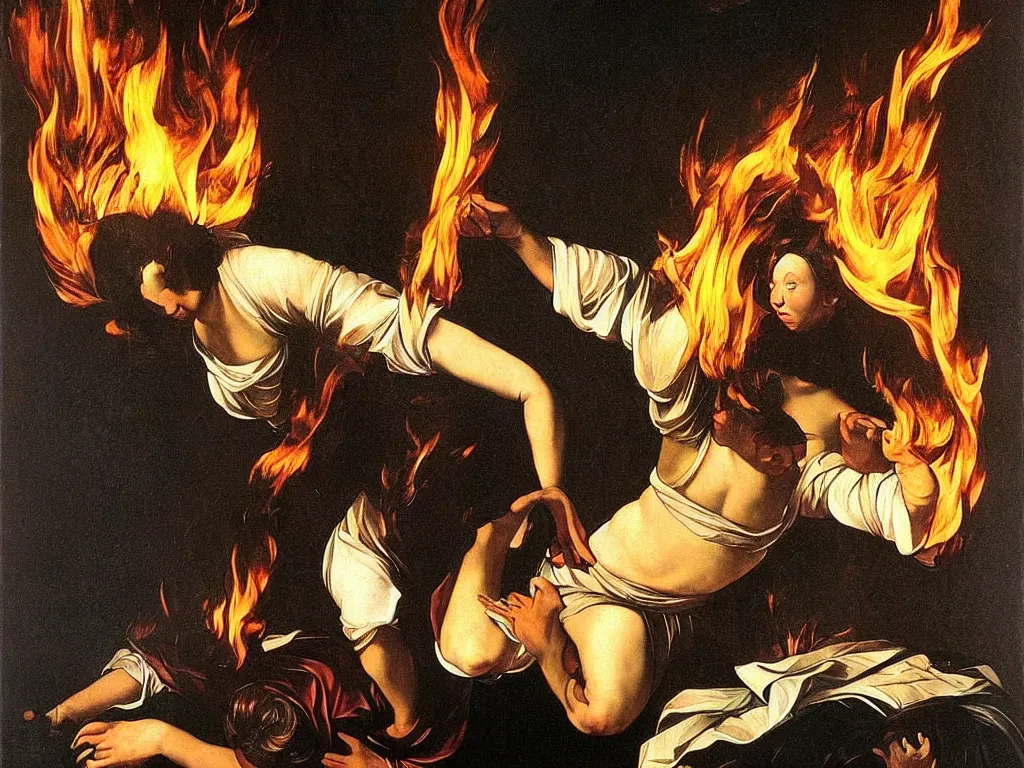 Image similar to Woman setting her home on fire. Painting by Caravaggio.