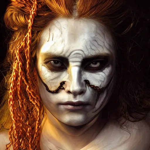 Image similar to portrait of a Shibari rope wrapped face and neck, headshot, insanely nice professional hair style, dramatic hair color, digital painting, of a old 17th century, old cyborg merchant, amber jewels, baroque, ornate clothing, scifi, realistic, hyperdetailed, chiaroscuro, concept art, art by Franz Hals and Jon Foster and Ayami Kojima and Amano and Karol Bak,