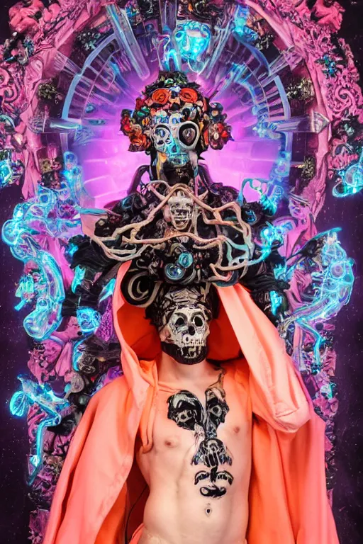 Image similar to photo of full-body rococo and cyberpunk delicate neon crystalline sculpture of ((handsome muscular albino prince Harry Styles)) as an onyx humanoid deity wearing ((peach plastic hooded cloak)) (holding an onyx skull) in a onyx aztec temple, reclining, glowing blue face, crown of (pink lasers), large blue diamonds, swirling black silk fabric. futuristic elements. oozing glowing liquid, full-length view. space robots. intricate artwork by caravaggio. Trending on artstation, octane render, cinematic lighting from the right, hyper realism, photorealistic, octane render, 8k, depth of field, 3D