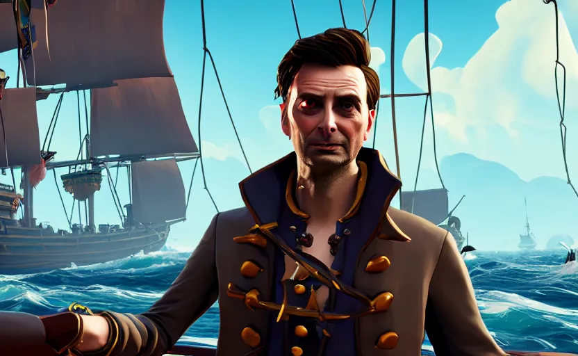 Image similar to david Tennant as a pirate on the ship in the Sea of thieves, long shot, epic composition, ultra detailed,, trending on Artstation, 8k, game screenshot, wallpaper, hyperrealistic