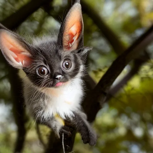 Image similar to a bat kitten, in a tree, Canon EOS R3, telephoto, very detailed, 4k