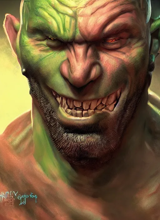 Image similar to A fantasy comic book style portrait painting of Dave Bautista as a crazed green orc, unreal 5, DAZ, hyperrealistic, octane render, RPG portrait, dynamic lighting