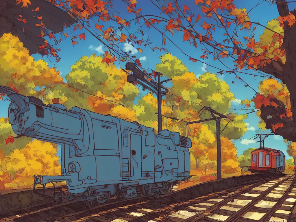 Image similar to longitudinal cut sideview of a anime train, digital art, autumn light, colorful, beautiful, inspired by studio ghibli, inspired by hayao miyazaki, concept art, manga, cute and adorable, illustration