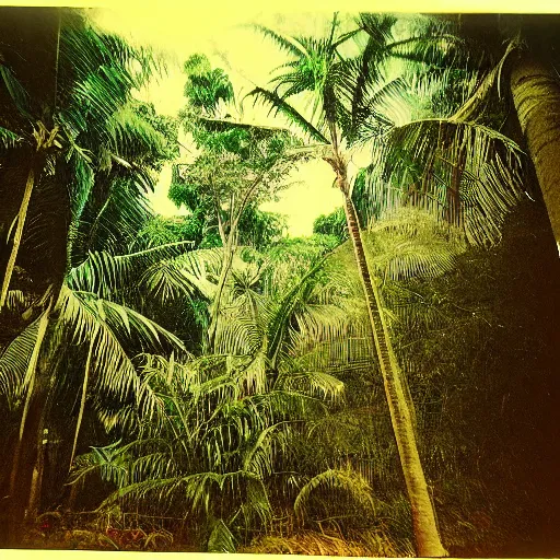 Prompt: photo on zenith, satellite by tadao ando in the tropical wood, palms, overgrown place, 7 0 s, mystic, melancholy, pinhole analogue photo quality, lomography, scratches on photo, noise effect, blur effect