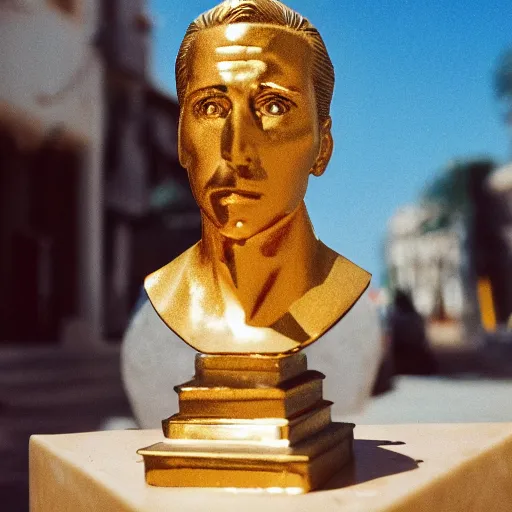 Image similar to photo of gold plated nick cage statue in greece, cinestill, 800t, 35mm, full-HD