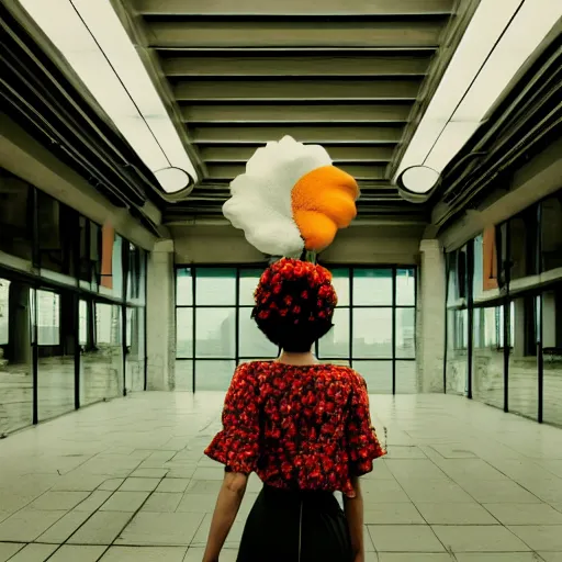 Image similar to giant flower head, frontal, woman standing in mid century building, surreal, symmetry, bright, tone in tone, cinematic, wes anderson