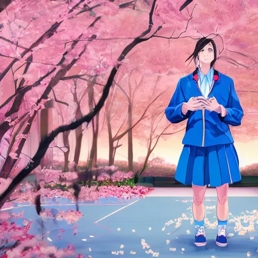 Image similar to tall woman wearing a blue jacket and pink shorts playing basketball against a group of kindergarteners wearing japanese school uniforms, complete detailed body, cherry blossom trees in background, moody atmosphere, digital art, highly detailed, high contrast, beautiful lighting, award winning, trending on art station, photorealistic, 8 k,