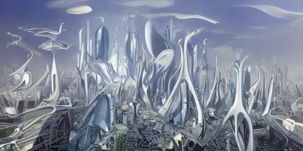 Image similar to a beautiful painting of city landscape, zaha hadid, fantasy, futuristic, by yves tanguy, trending on artstation