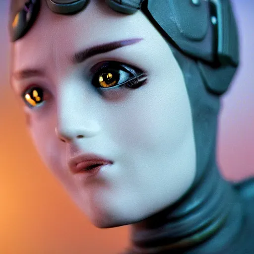 Prompt: beautiful extreme closeup portrait photo in style of 1 9 9 0 s frontiers in miniature porcelain retrofuturism deep diving helmet fashion magazine blade runner seinen manga edition, real - life art nouvceau porcelain figurine, highly detailed, eye contact, pointe pose, soft lighting