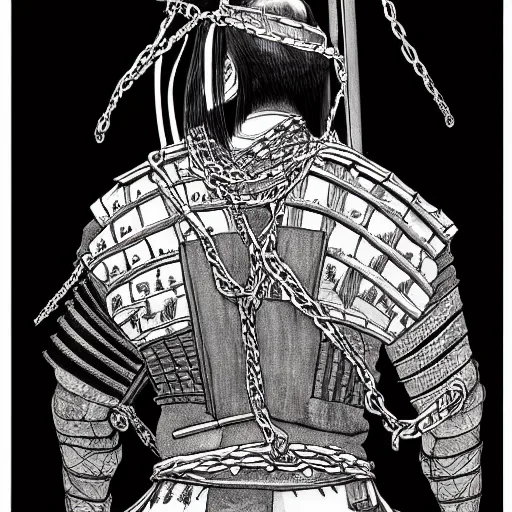 Image similar to A PORTRAIT FROM BEHIND OF A SAMURAI ,THE THE MAN IS WRAPPED IN CHAINS ,detailed, concept art, ink style , sketch