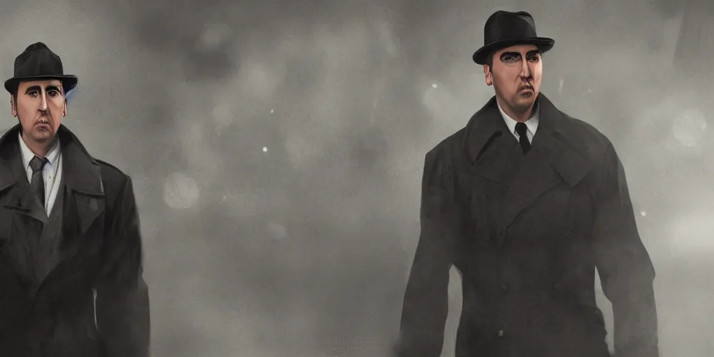 Image similar to a picture of a man with a face similar to nick cage, wearing a 1 9 4 0's noire detective outfit with fedora and trench coat, standing in the streets of chicago at night, detailed unblurred face, 4 k octane render digital painting