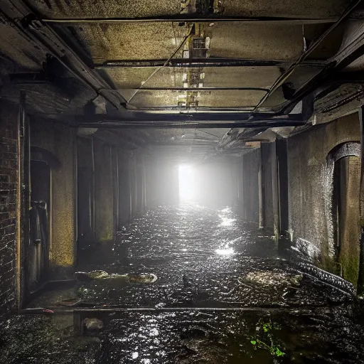 Image similar to down in the sewers of london, dark damp atmosphere, water dripping from the moss covered ceiling