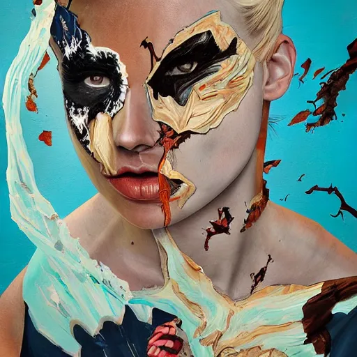 Prompt: a painting of a woman's face with torn-up superhero comics on her face, a surrealist painting, behance contest winner, pop surrealism, surrealist, detailed painting, poster art