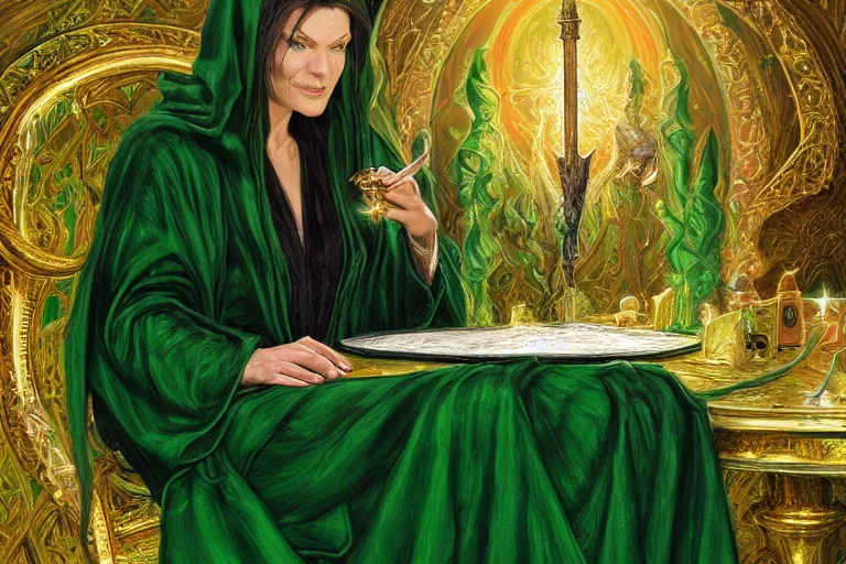 Prompt: a beautiful sorceress wearing a black robe with gold embroidery, sitting at table, casting a spell, green glows, painted by donato giancola, in the style of magic the gathering, perfect face, highly detailed digital art