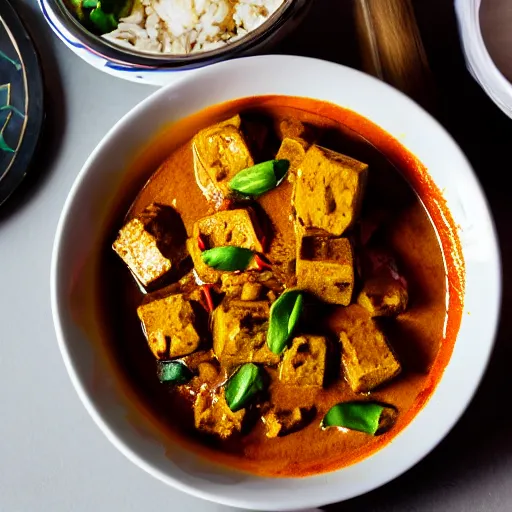 Image similar to tofu rendang curry, michelin starred restaurant, food photography