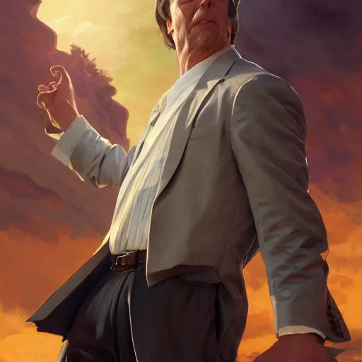 Prompt: saul goodman, fantasy character portrait, dynamic pose, above view, sunny day, very coherent asymmetrical artwork, sharp edges, perfect face, simple form, 100mm by Stanley Artgerm Lau, greg rutkowski, thomas kindkade, alphonse mucha, loish