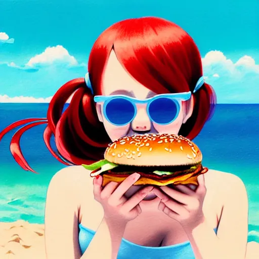 Image similar to Extremely Detailed and Full Portrait scene of Gooey Ocean scene in ink and refined sand, Red Hair pigtail anime woman with shades on face. wearing a sundress full body smiling while eating a cheese burger. The cheeseburger is leaking red sauce all over the place by Akihito Yoshitomi AND Yoji Shinkawa AND Greg Rutkowski, Mark Arian trending on artstation