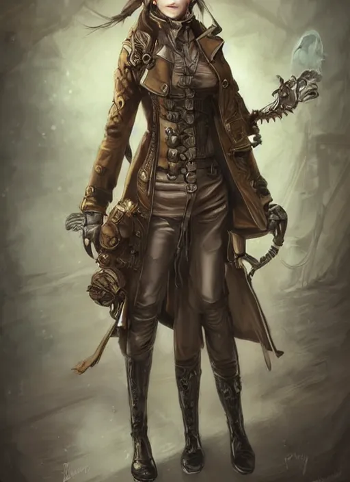 Image similar to character concept art for a steampunk fantasy rpg, full body shot, woman in trench coat, goggles on forehead, ponytail, fantasy painterly style, intricate details, artwork by ross tran, artgerm