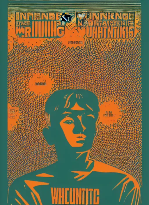 Image similar to A wandering mind, intrusive thoughts, screen print, art by Chuck Sperry, vintage 1960s print, minamilst