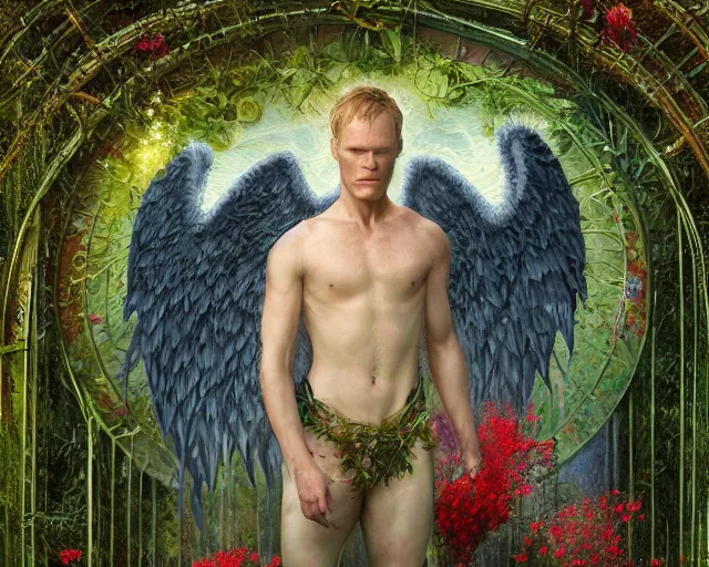 Prompt: paul bettany as angel with wings is covered in vines and flowers and moss and standing in front of a beautiful cottage, a digital painting by thomas canty and thomas kincade and ross tran, art nouveau, atmospheric lighting, trending on artstation