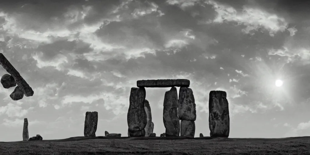 Prompt: stonehenge pieces flying high in the air, dust particles, chaotic, dynamic, dusk, concept art