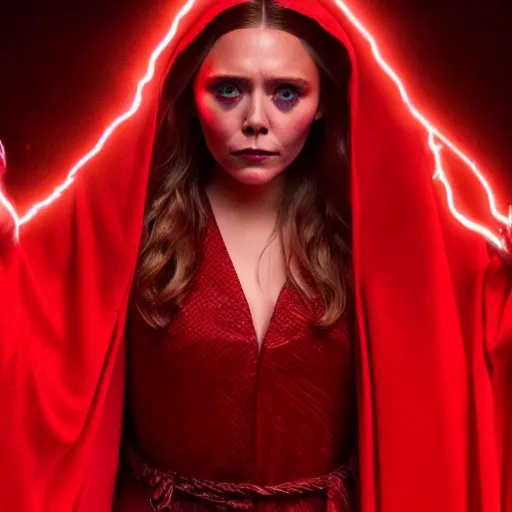 Prompt: a full body image of elizabeth olsen in a red wizards robe casting an evil spell, detailed face, red swirls, ominous lighting, night time, high quality