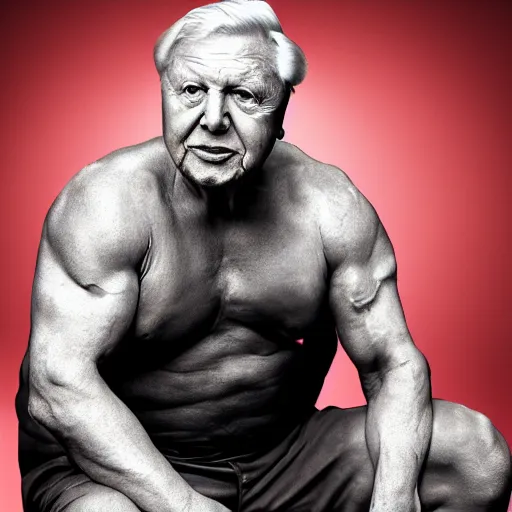 Prompt: David attenborough with the physique of a body builder, hyper realistic, ultra detailed, cinematic, dynamic lighting, photorealistic, refined, intricate, digital art, digital painting, masterpiece, 8k