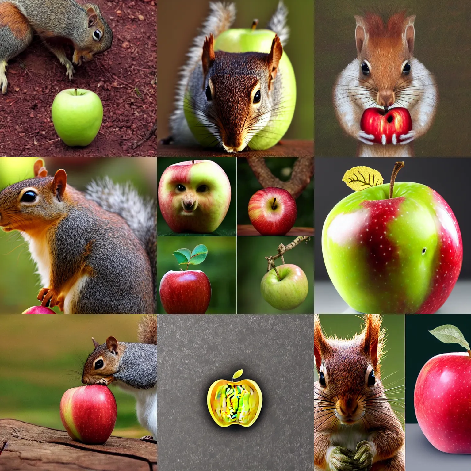 Prompt: an apple with the head of a squirrel