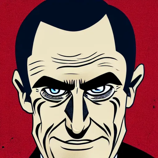 Image similar to solid glowing eyes, digital portrait of secretary of denis mcdonough face with solid glowing eyes, cover art of graphic novel, evil laugh, menacing, Machiavellian puppetmaster, villain, simple style, solid colors, clean lines, clean ink, trending on artstation