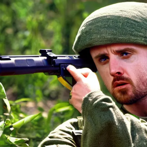 Prompt: jesse pinkman from breaking bad holding an m 1 6 rifle in the vietnam war, 4 k, hyper realistic