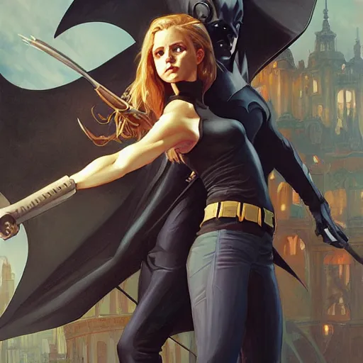 Image similar to A detailed picture of Buffy the Vampire Slayer fighting Batman, intricate, digital painting, artstation, matte, sharp focus, illustration, art by Artgerm and Greg Rutkowski and Alphonse Mucha