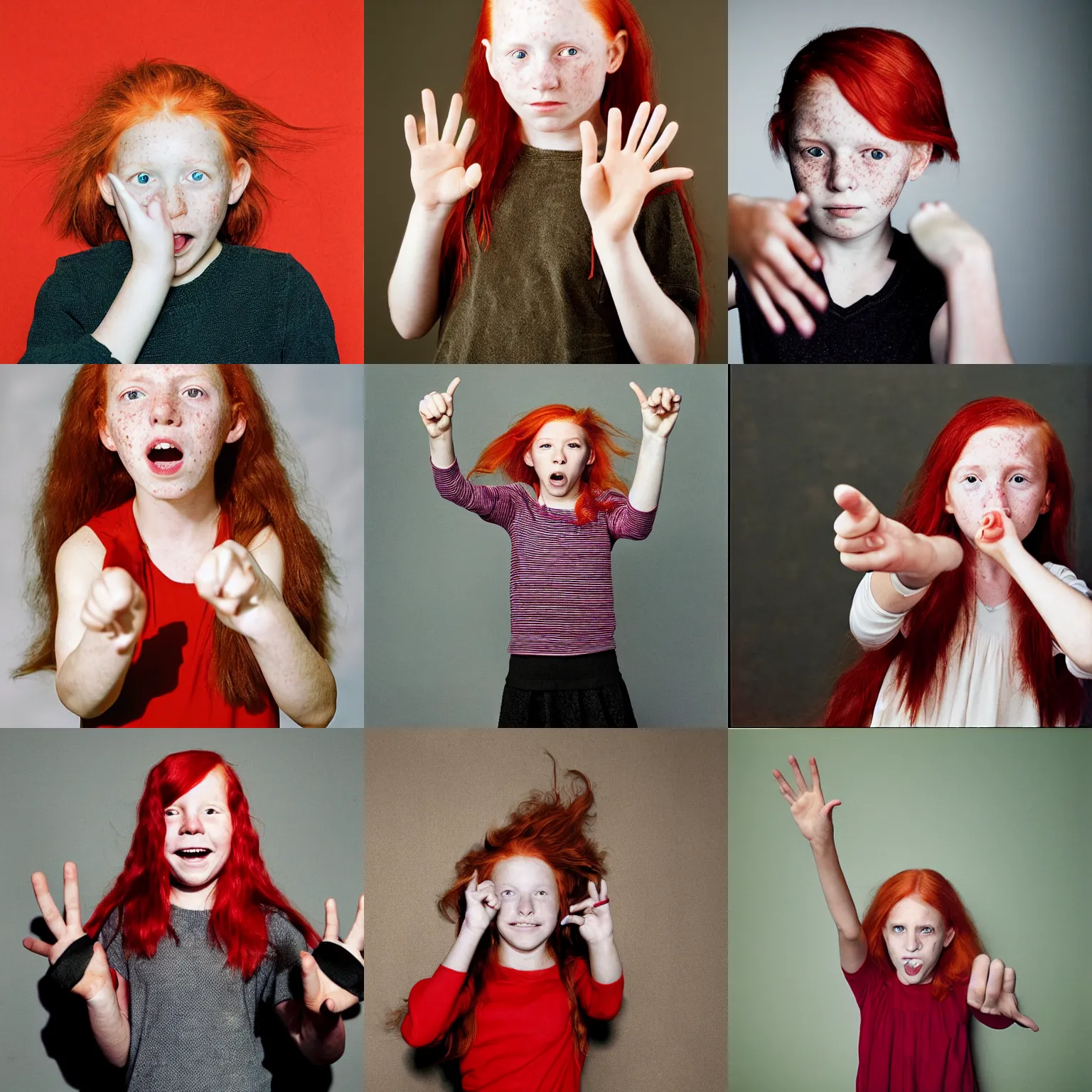 Prompt: a photograph of a ten year old girl flipping the bird by annie leibovitz, red hair, freckles
