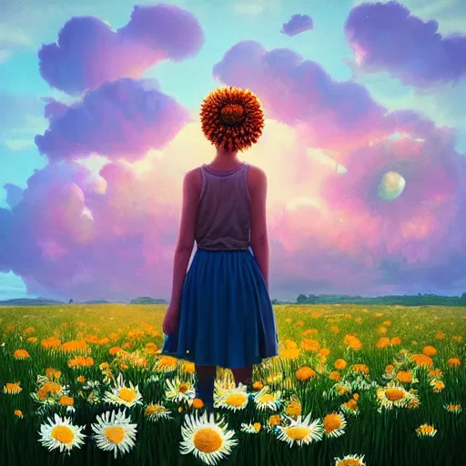 Image similar to head made of giant daisies, girl standing barefoot in a flower field, holding flowers, surreal photography, sunrise dramatic light, impressionist painting, colorful clouds, large sky, digital painting, artstation, simon stalenhag, flower face