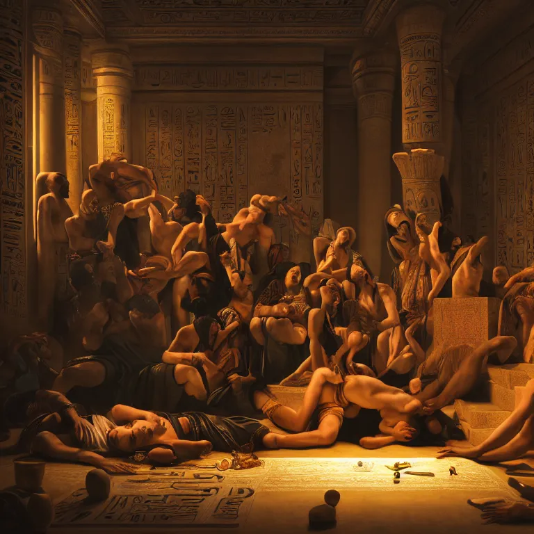 Prompt: a Hip Hop party in ancient egyptian, dreamlike atmosphere, symmetrical baroque painting, perfect composition, beautiful detailed intricate high detailed octane trending on Artstation, 8K fine art photography, photorealistic, soft natural volumetric cinematic perfect light , chiaroscuro, award- winning photography, masterpiece, Raphael, Caravaggio, Greg Rutkowski, Beeple