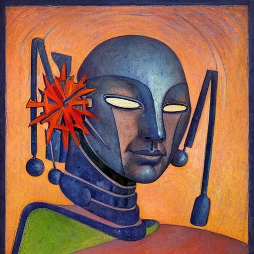 Prompt: portrait of a robot shaman, by annie swynnerton and and rufino tamayo and jean delville and edward hopper and evelyn de morgan, art deco shaman, stylized geometric flowers, art brut, outsider art, symbolist, dramatic lighting, god rays, clean crisp graphics, smooth sharp focus, extremely detailed, adolf wolfli