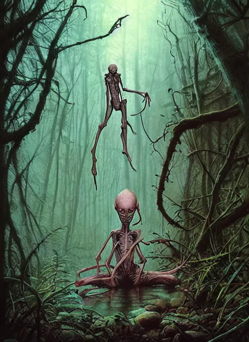 Image similar to hyper realistic magic alien in the woods in a river gorgeous lighting, lush forest foliage blue sky a hyper realistic ink drawing by chiara bautista and beksinski and norman rockwell and greg rutkowski, tom bagshaw weta studio, and lucasfilm