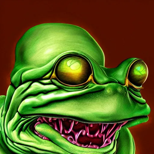 Prompt: A hyperrealistic digital painting of a bald man with creepy frog eyes, a frog tongue, and slimy green skin