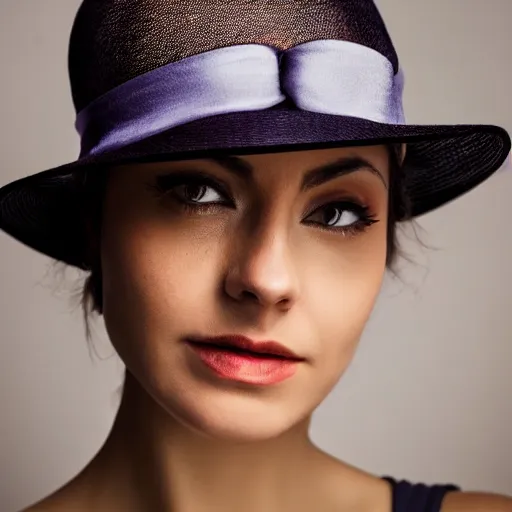 Prompt: a close up photo portrait of a beautiful italian woman wearing a tesseract silk hat, studio lighting, guggenheim, 4 k