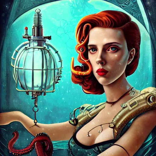 Image similar to lofi underwater bioshock steampunk portrait of scarlett johansson, octopus, digital art, Pixar style, by Tristan Eaton Stanley Artgerm and Tom Bagshaw.