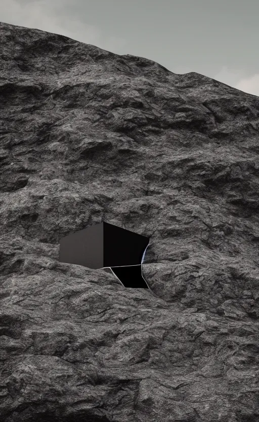 Image similar to tall black geometric house, embedded in lava cliff, full view, black house, molten metal house, minimal, rippled white landscape, dwarven architecture, light from molten iron, octane render, hyper realistic, 8 k, octane render,