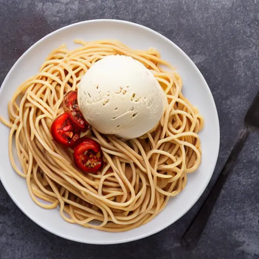 Image similar to single scoop of vanilla ice cream on top of a plate of steaming spaghetti, high resolution photograph, picnic at sunset