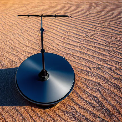 Prompt: cone shaped peaceful mobile biomimetic rugged anemometer station sensor antenna on all terrain tank wheels, for monitoring the australian desert, XF IQ4, 150MP, 50mm, F1.4, ISO 200, 1/160s, dawn, golden ratio, rule of thirds