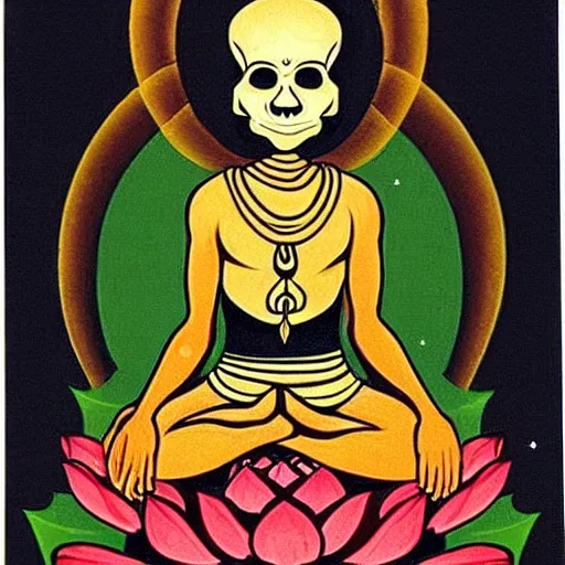 Prompt: yogi sitting in the lotus position in meditation and out of the body holds a skull in his left hand and holds a planet in his right