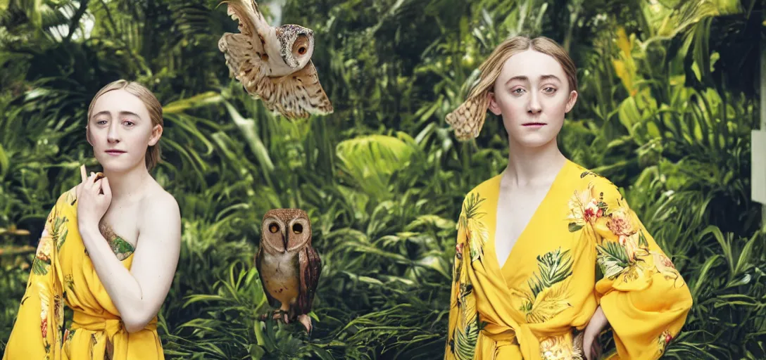 Image similar to A medium format portrait shot on graflex of Saoirse Ronan wearing a yellow kimono in a tropical greenhouse, she has a very detailed barn owl on her shoulder, bokeh