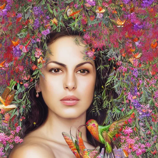 Prompt: head and shoulder portrait of monica belucci surrounded by hummingbirds and fine floral ornaments, eye - level medium - angle shot, intricate, floral background, by esao andrews, by m. w. kaluta, by yoshita amano, moody evening lightingnatural lighting, smooth, 3 d octane render, depth perception, 4 k,, artstation