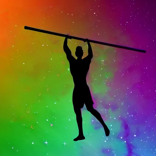 Prompt: athletic man doing a pullup using gymnastic rings, silhouette, long shot, in a cosmic nebula background, matte colors, dramatic digital art trending on artstation